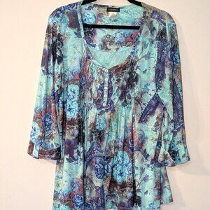 Cocomo Women's Blue Floral Print Peplum 3/4 Roll-Tab Sleeve Blouse. Size Large